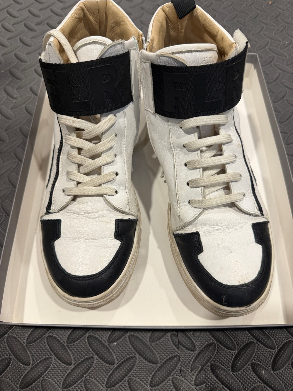 White and Black High-Top Kids Sneakers with Ankle Strap